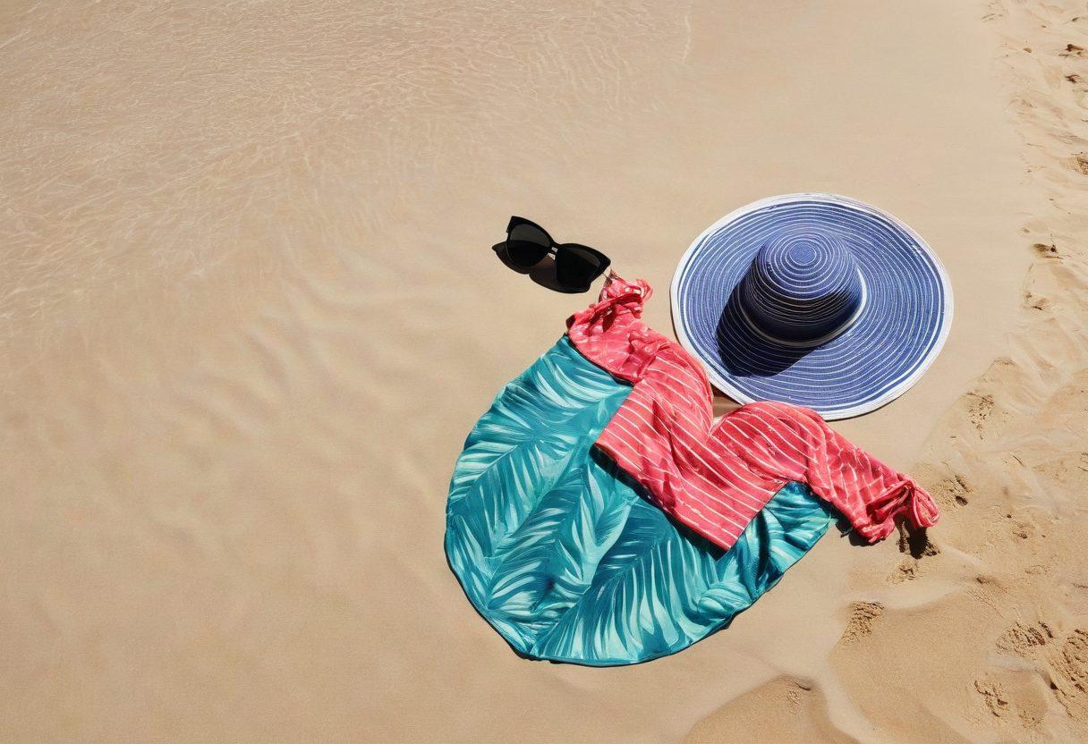 A vibrant beach scene showcasing an array of chic two-piece swimsuits laid out on the sand, surrounded by trendy beach accessories like oversized hats, stylish sunglasses, and colorful beach towels. The sun is shining brightly, casting playful shadows and highlighting the textures of the fabric. In the background, gentle waves lap at the shore, while palm trees sway in the breeze, adding a tropical flair to the scene. super-realistic. vibrant colors. white background.