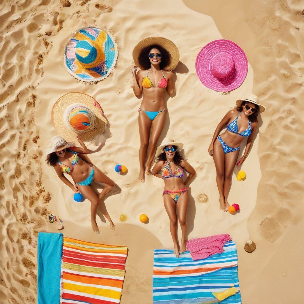 A stylish beach scene featuring a diverse group of women confidently showcasing various trendy bikini styles, surrounded by colorful beach accessories like hats, sunglasses, and towels. Emphasize vibrant patterns and colors in the swimwear, with a picturesque ocean backdrop and golden sand. Incorporate playful elements like beach balls and tropical drinks to evoke a fun summer atmosphere. super-realistic. vibrant colors. sunny background.